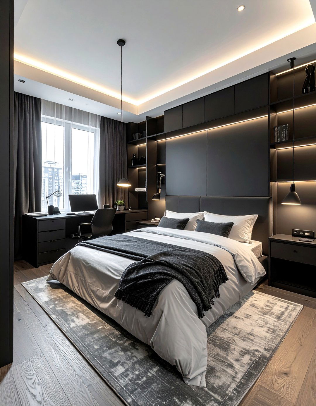 Black corner desk setup - 30 black bedroom furniture ideas