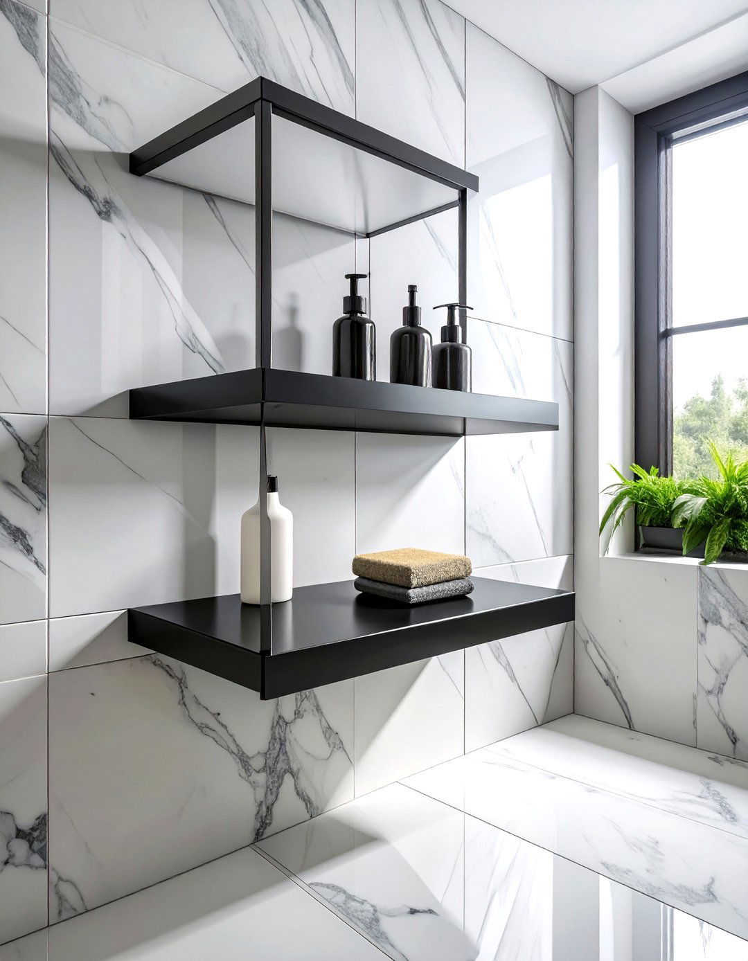 Black corner shower shelf - 30 black bathroom accessories ideas