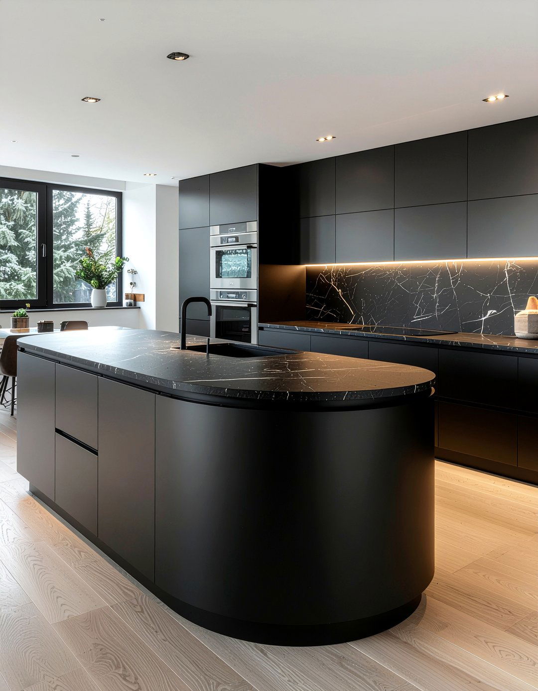 Black curved island - 30 curved kitchen island ideas