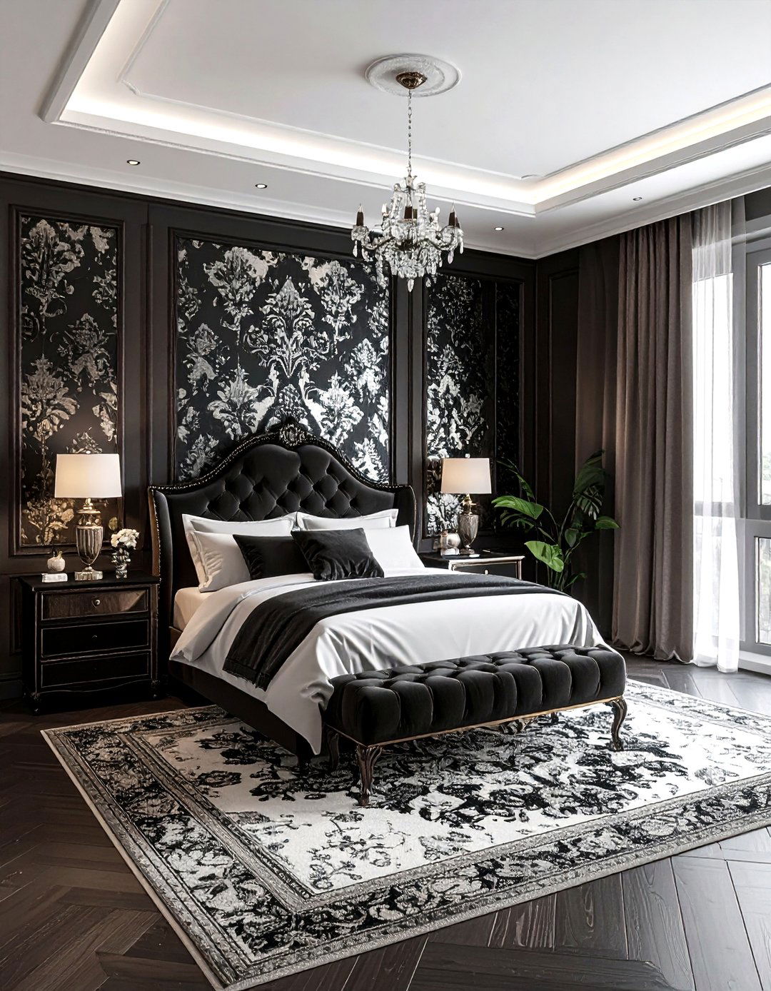 Black damask pattern bedroom - 30 traditional black bedroom ideas