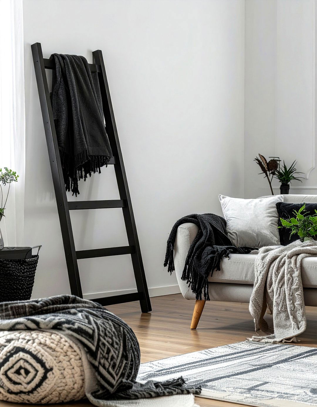 Black decorative ladder - 30 black living room accessories ideas