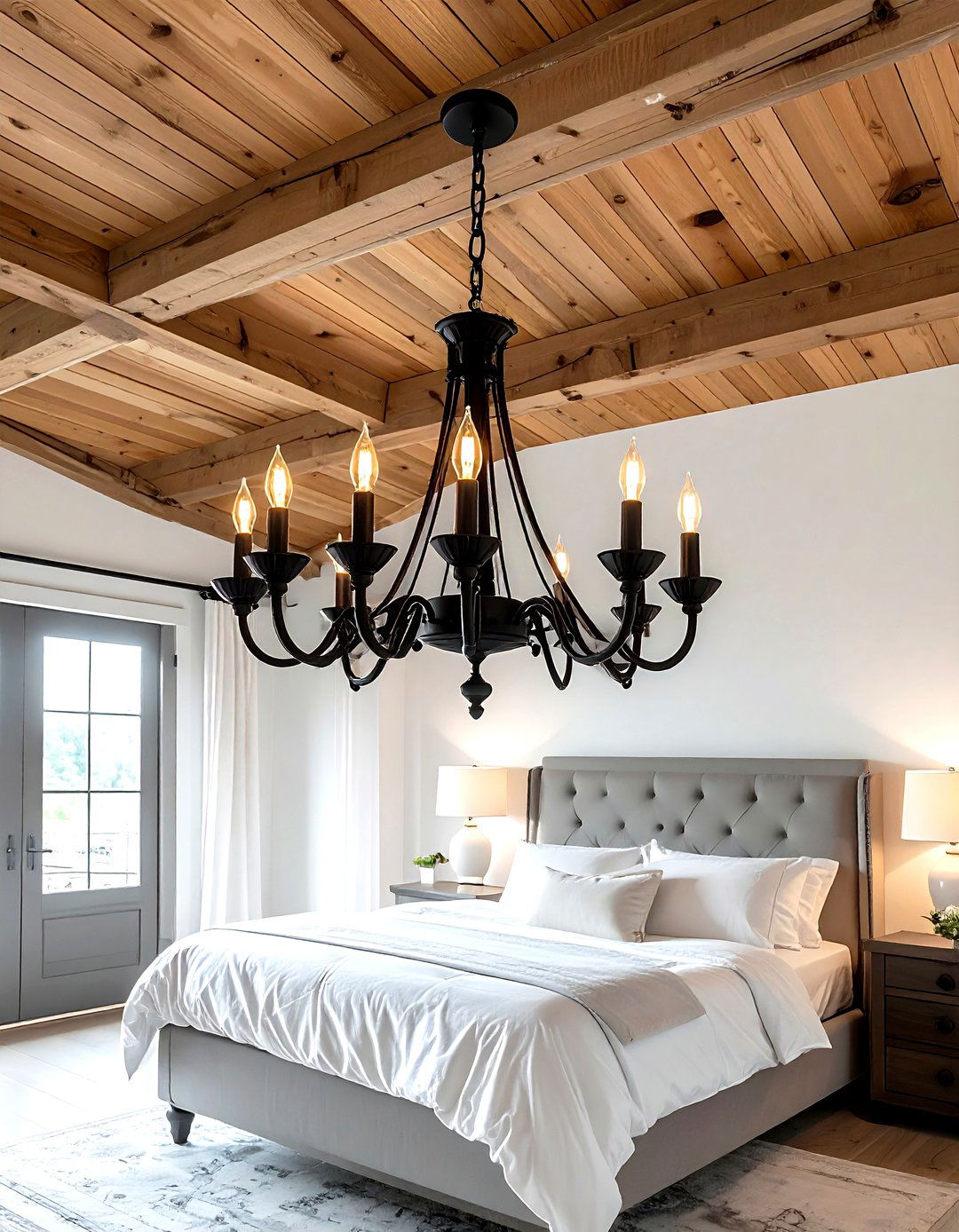 Black farmhouse chandelier - 30 farmhouse black bedroom ideas