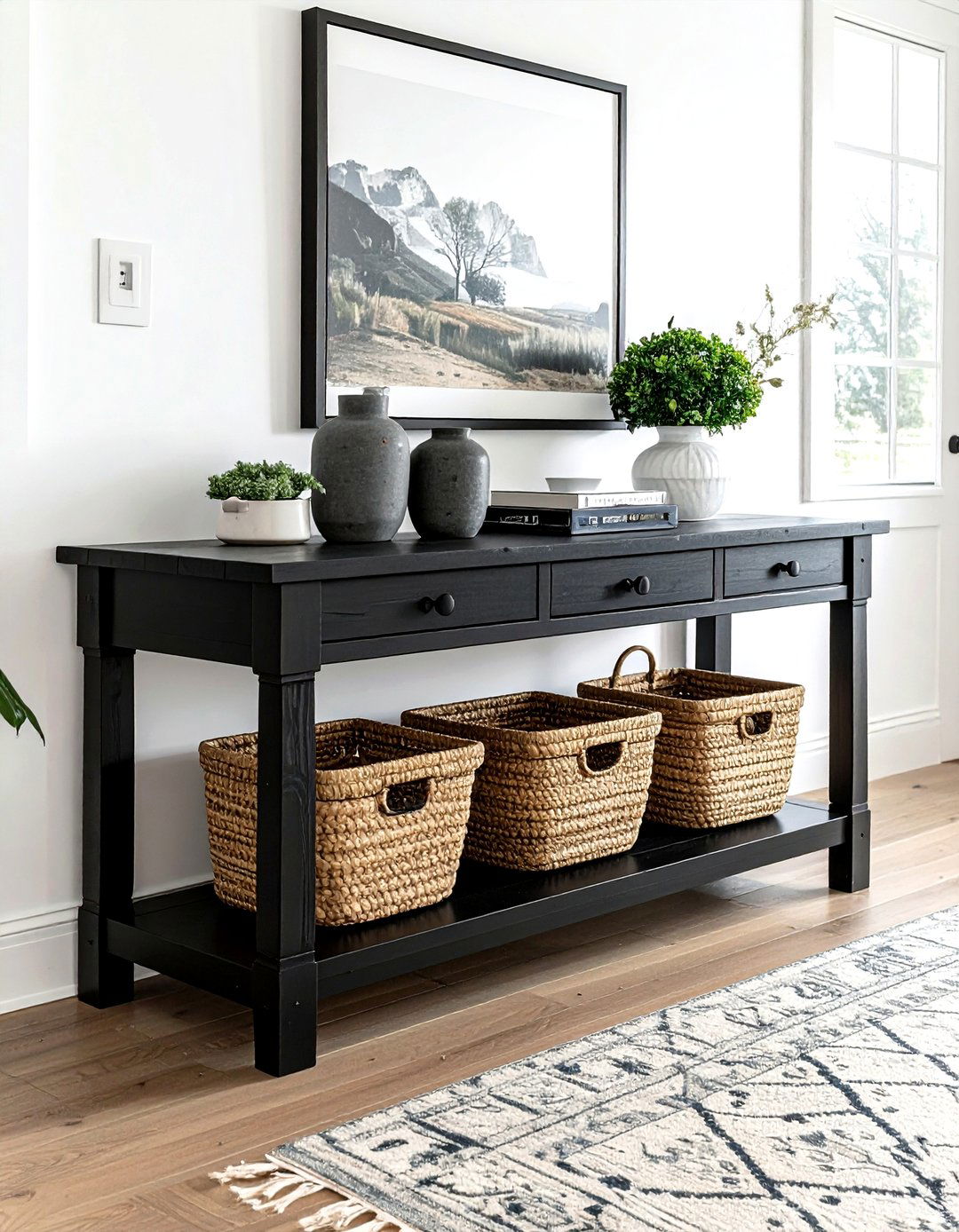Black farmhouse console table - 30 farmhouse black living room ideas