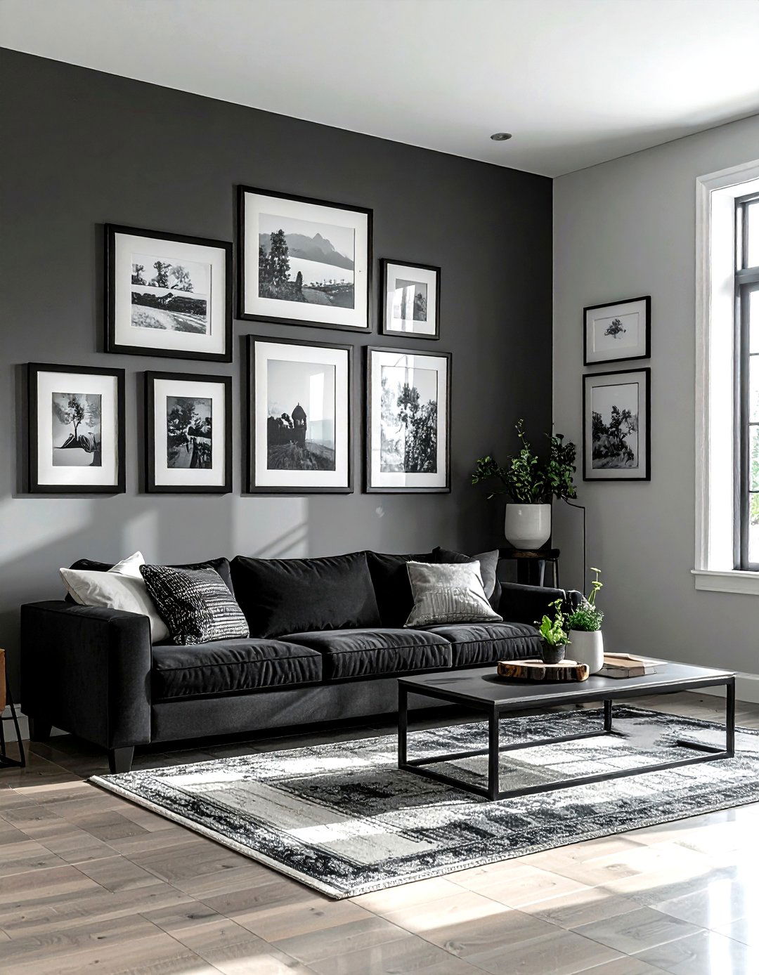 Black farmhouse gallery wall - 30 farmhouse black living room ideas