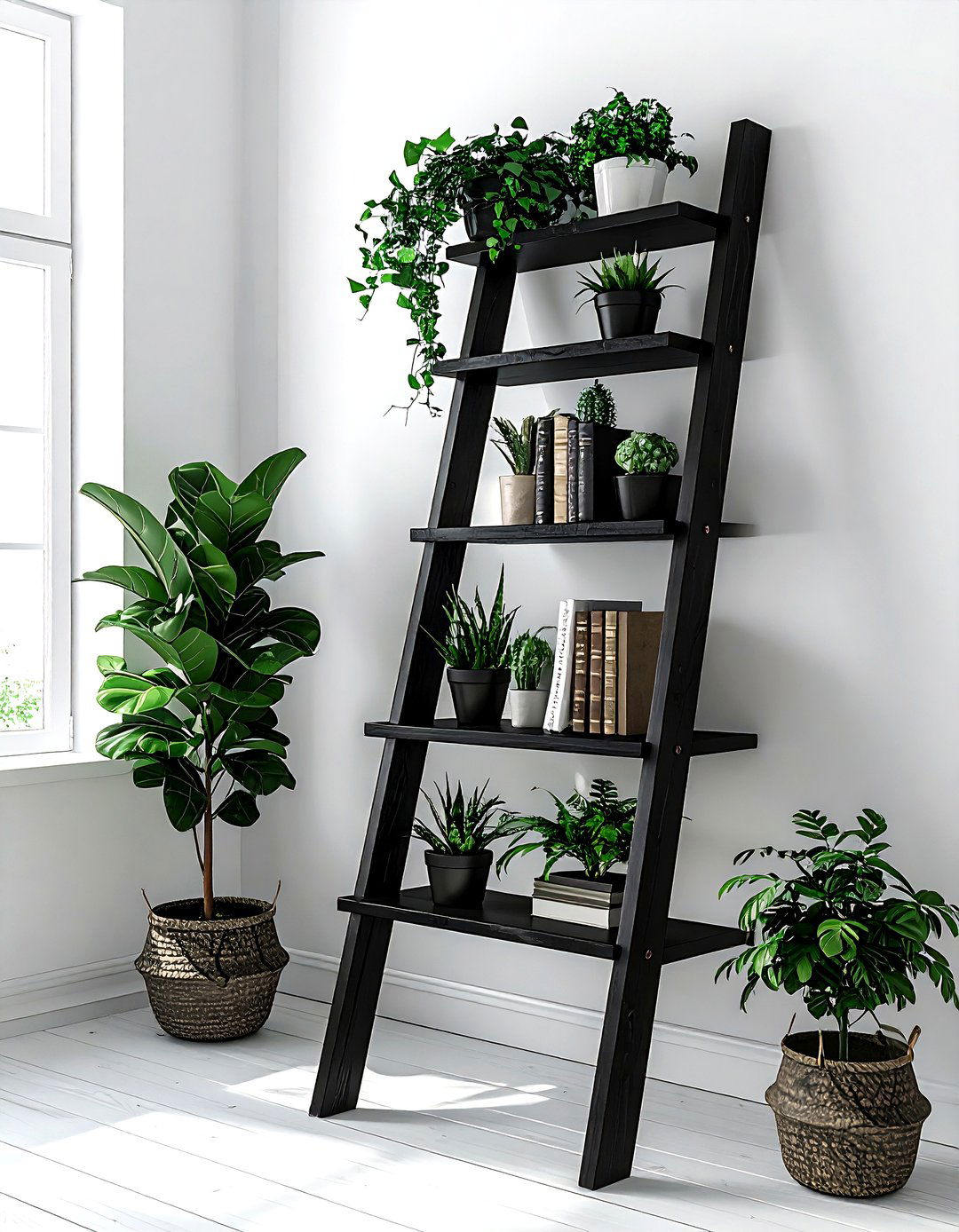 Black farmhouse ladder shelf - 30 farmhouse black living room ideas