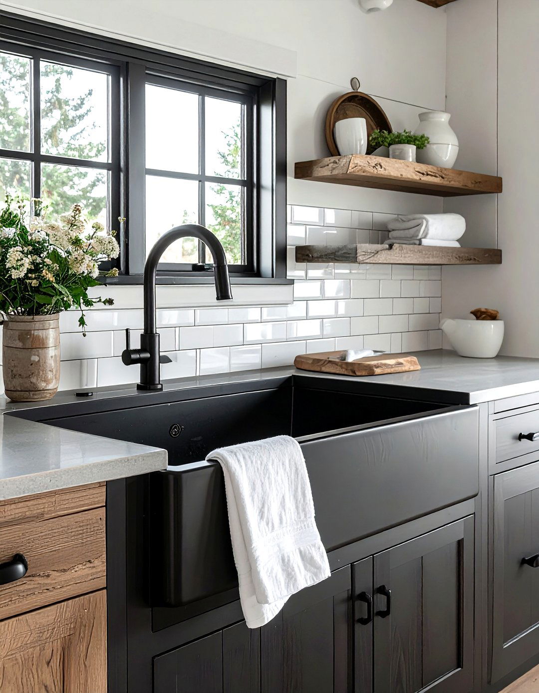 Black farmhouse sink - 30 black kitchen decor ideas