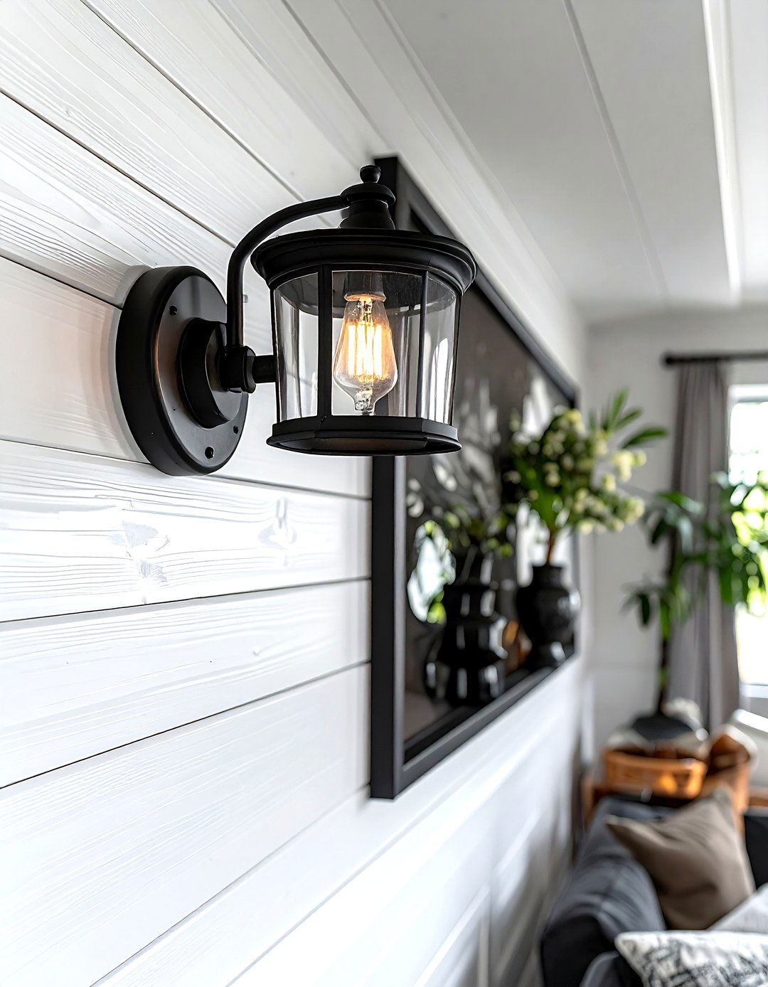 Black farmhouse wall sconce - 30 farmhouse black living room ideas