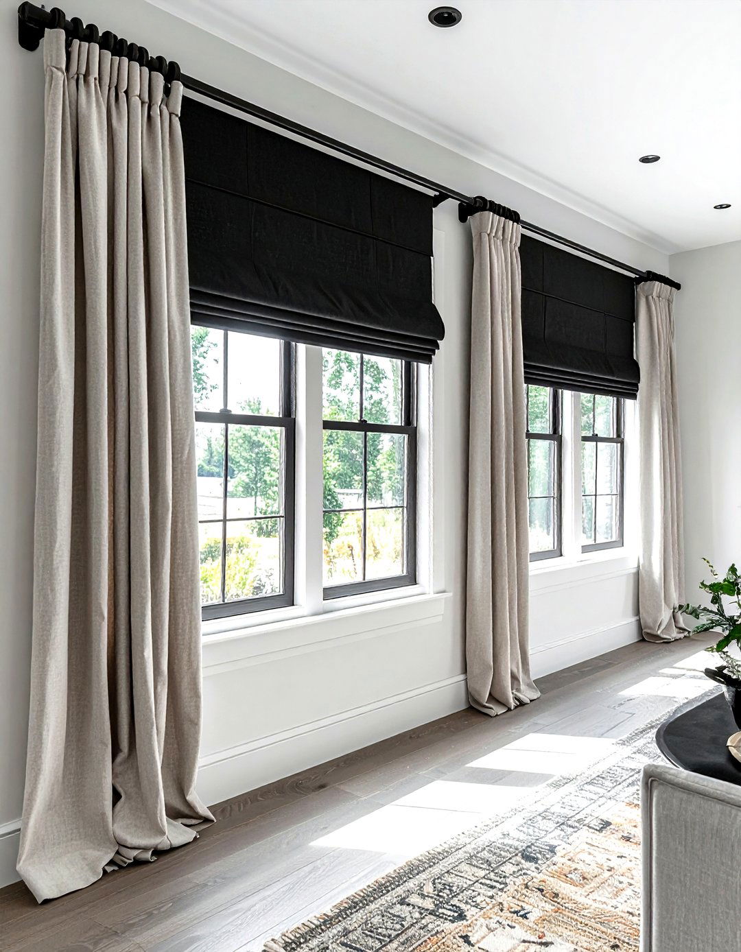 Black farmhouse window treatments - 30 farmhouse black living room ideas