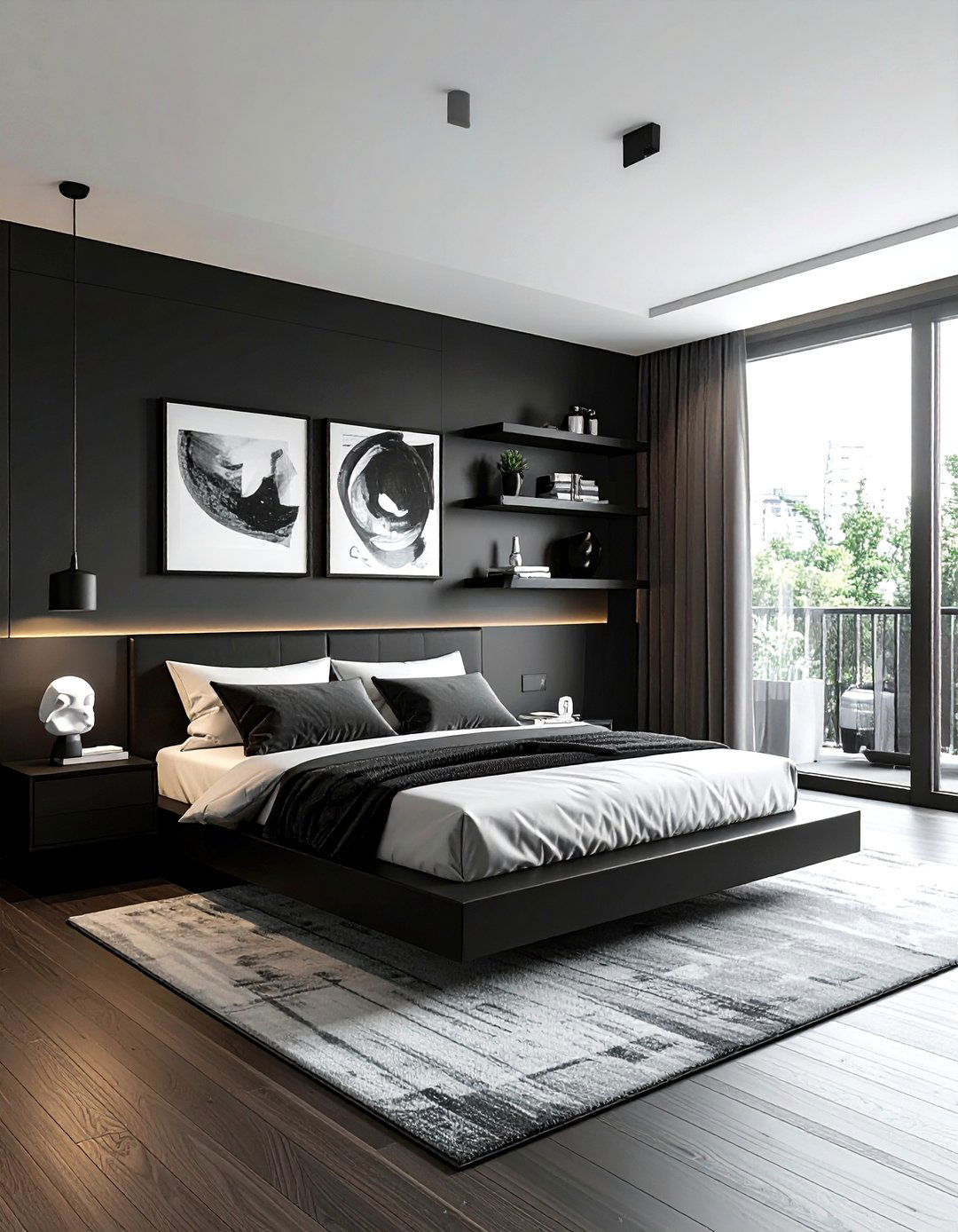 Black floating shelf display - 30 black bedroom furniture ideas