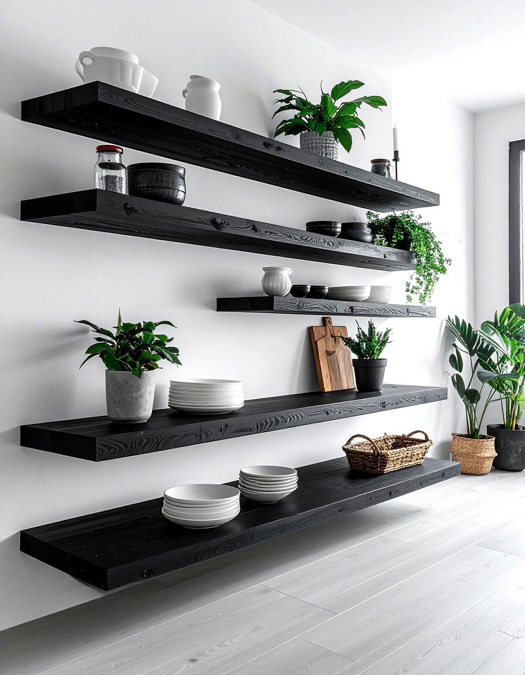 Black floating shelves - 30 black kitchen decor ideas