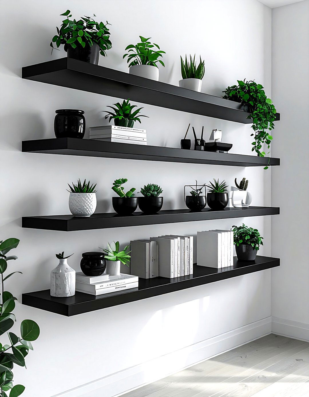 Black floating shelves - 30 farmhouse black bedroom ideas