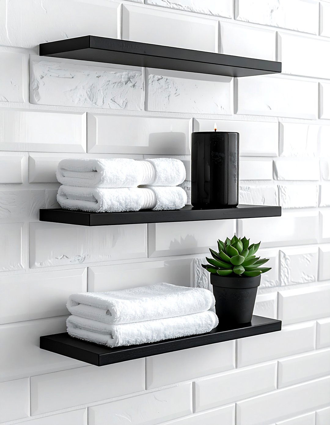 Black floating shelves - 30 black bathroom accessories ideas