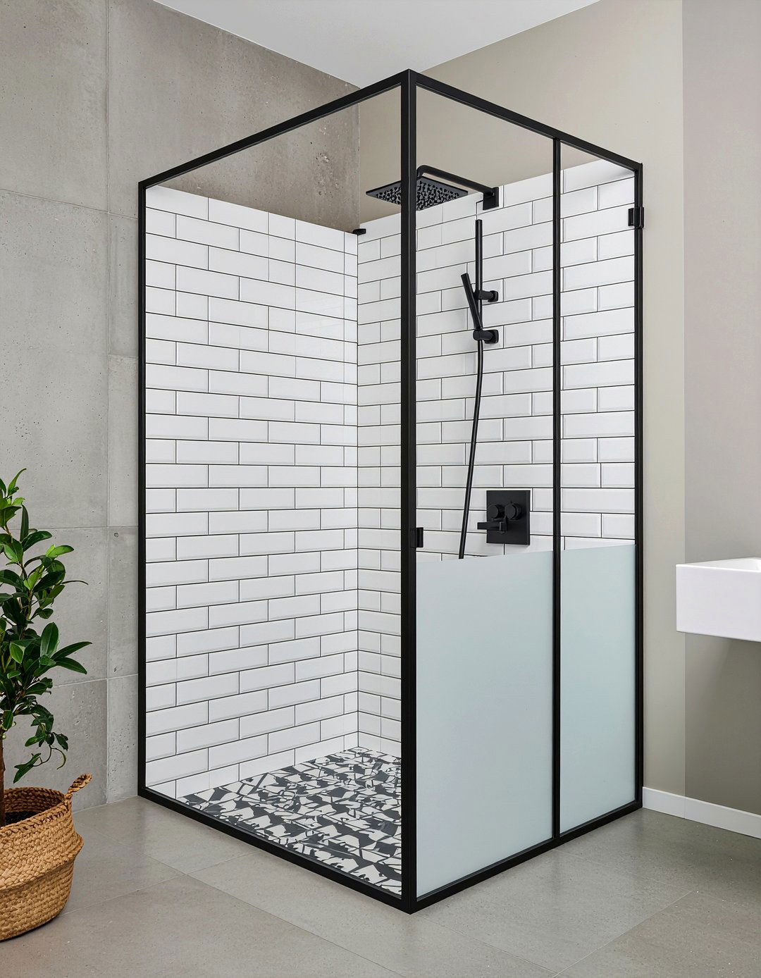 Black frame frosted glass shower - 30 frosted glass bathroom ideas