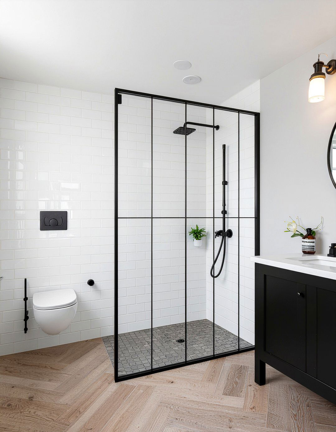 Black frame glass partition - 30 glass bathroom ideas