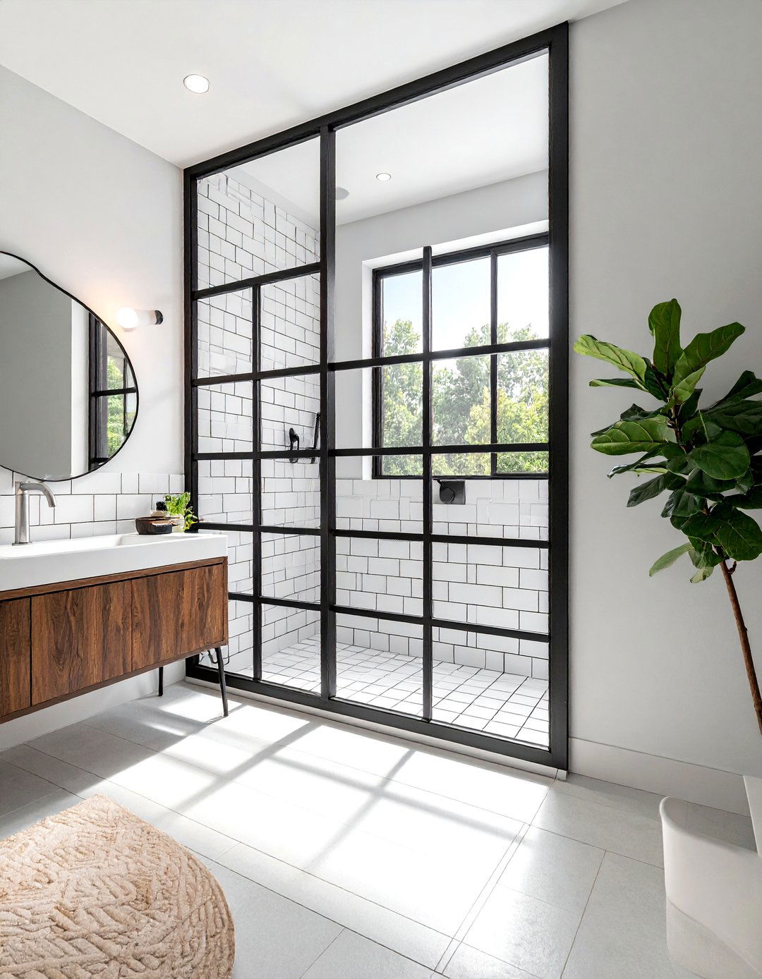 Black framed window shower - 30 Fixer Upper bathroom ideas