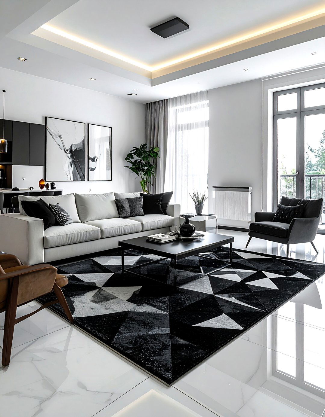 Black geometric rug - 30 black living room accessories ideas