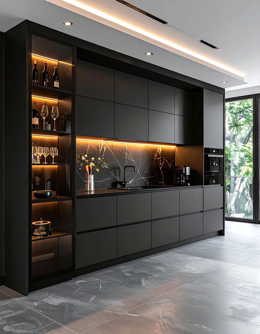 Black glass cabinets - 30 black kitchen decor ideas