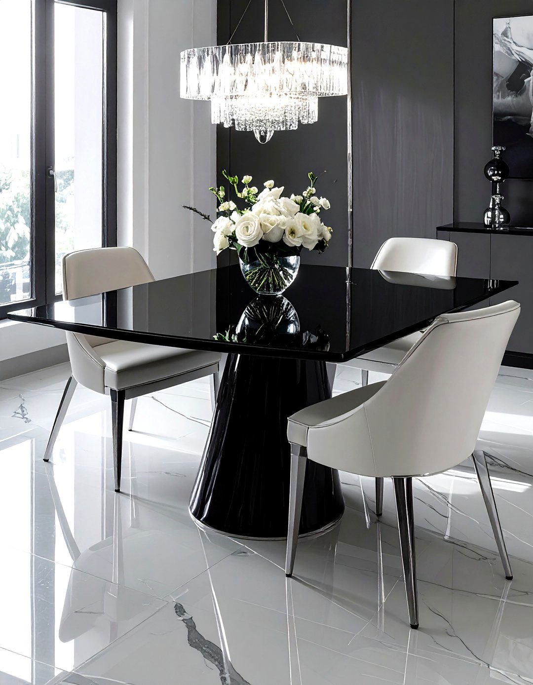 Black glass dining table - 30 black dining room furniture ideas