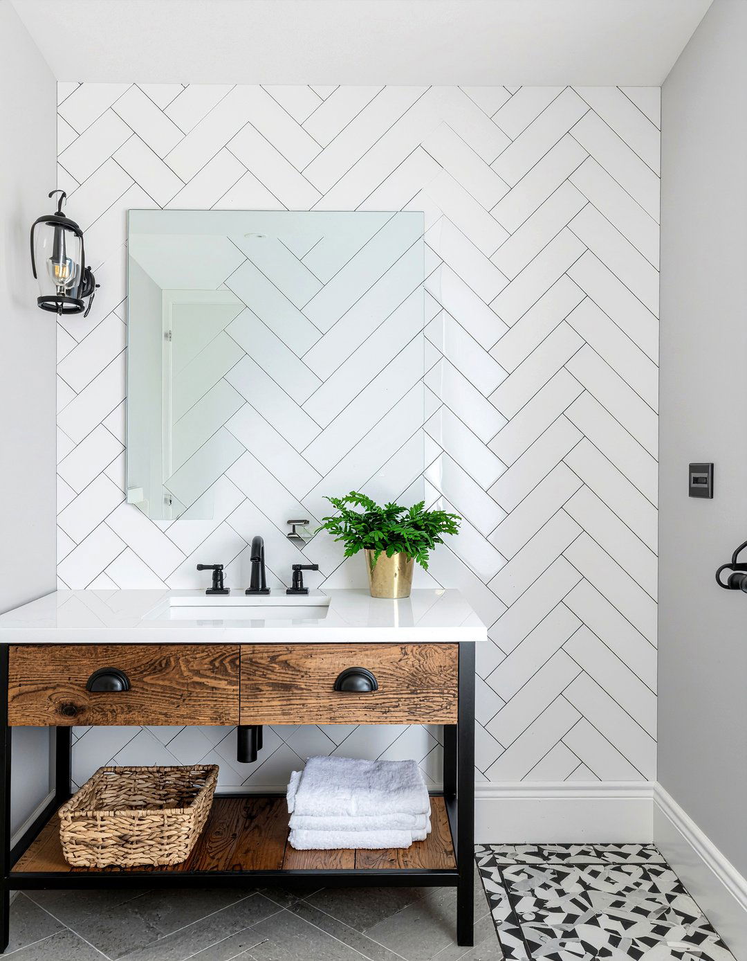 Black grout white herringbone tile - 30 herringbone tile bathroom ideas