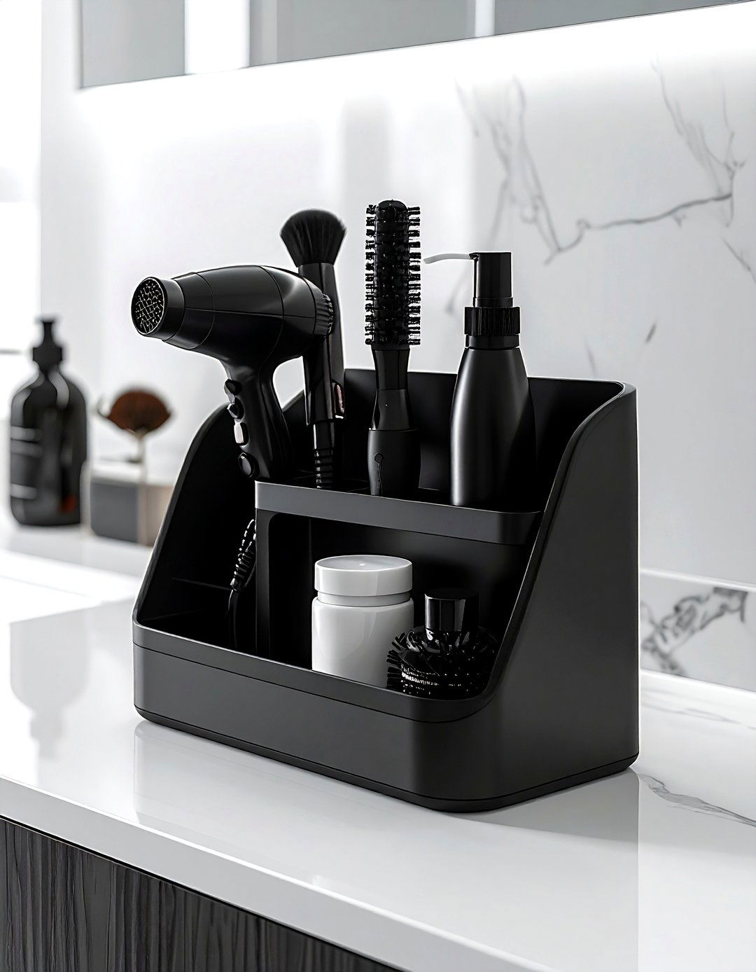 Black hair tool organizer - 30 black bathroom accessories ideas