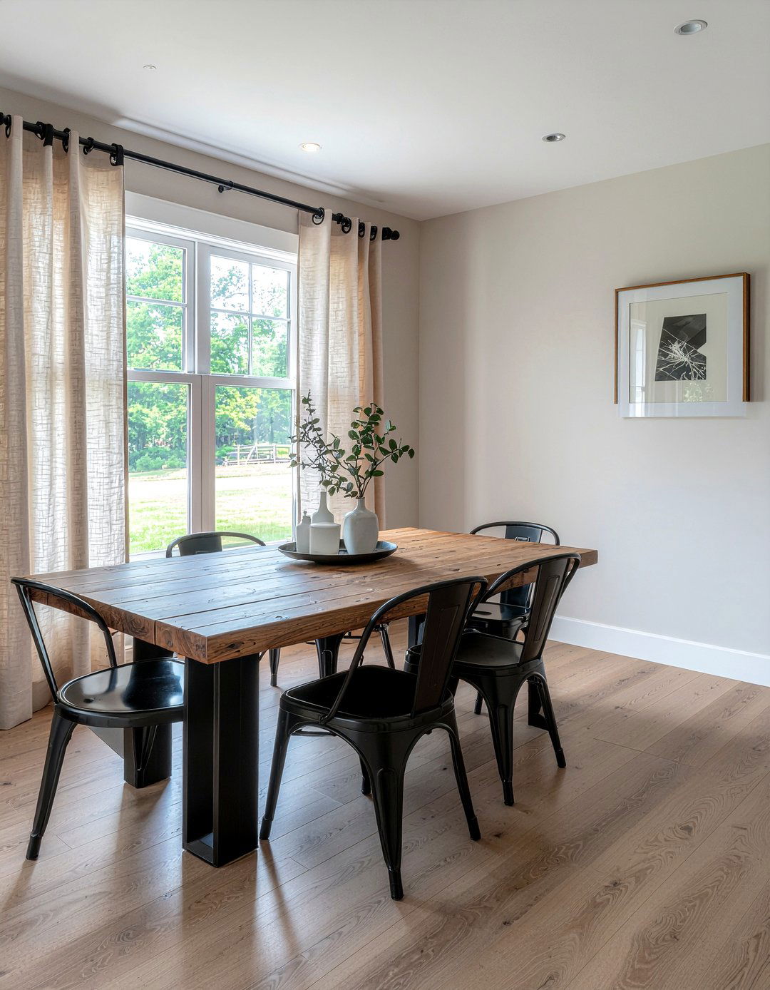 Black hardware neutral curtains - 30 neutral curtain dining room ideas