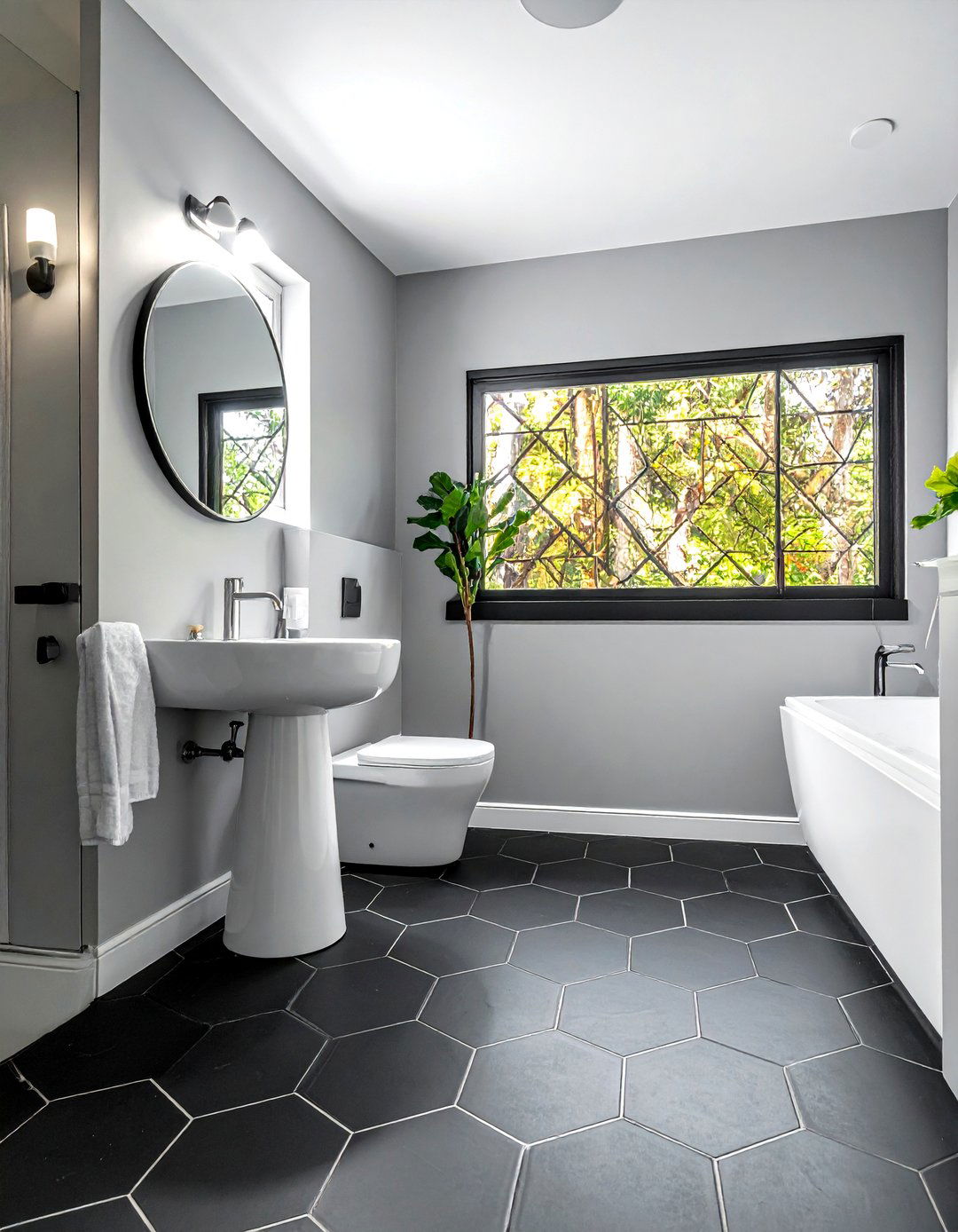 Black hexagon floor tile white grout - 30 black hexagon tile bathroom ideas