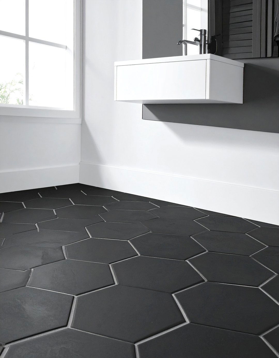 Black hexagon floor tile - 30 black bathroom decor ideas