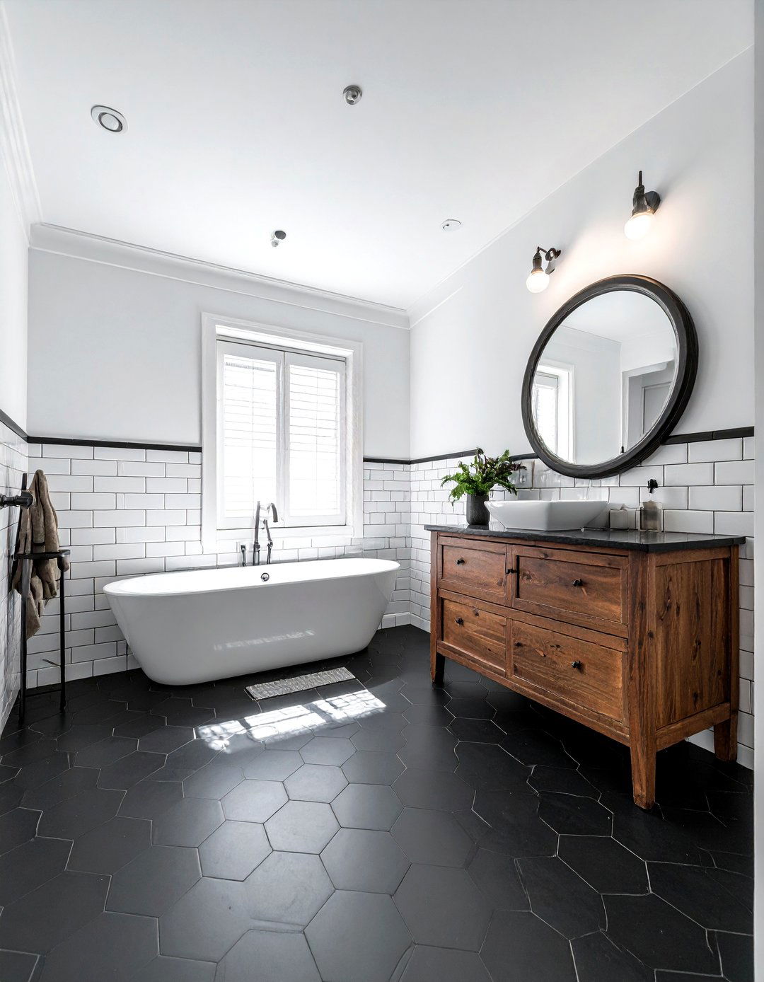 Black hexagon floor white subway tile wall - 30 black hexagon tile bathroom ideas