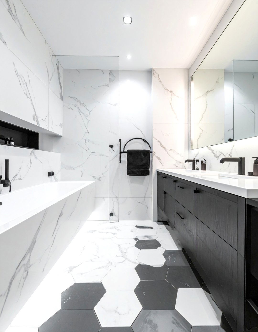 Black hexagon tile bathroom marble accents - 30 black hexagon tile bathroom ideas