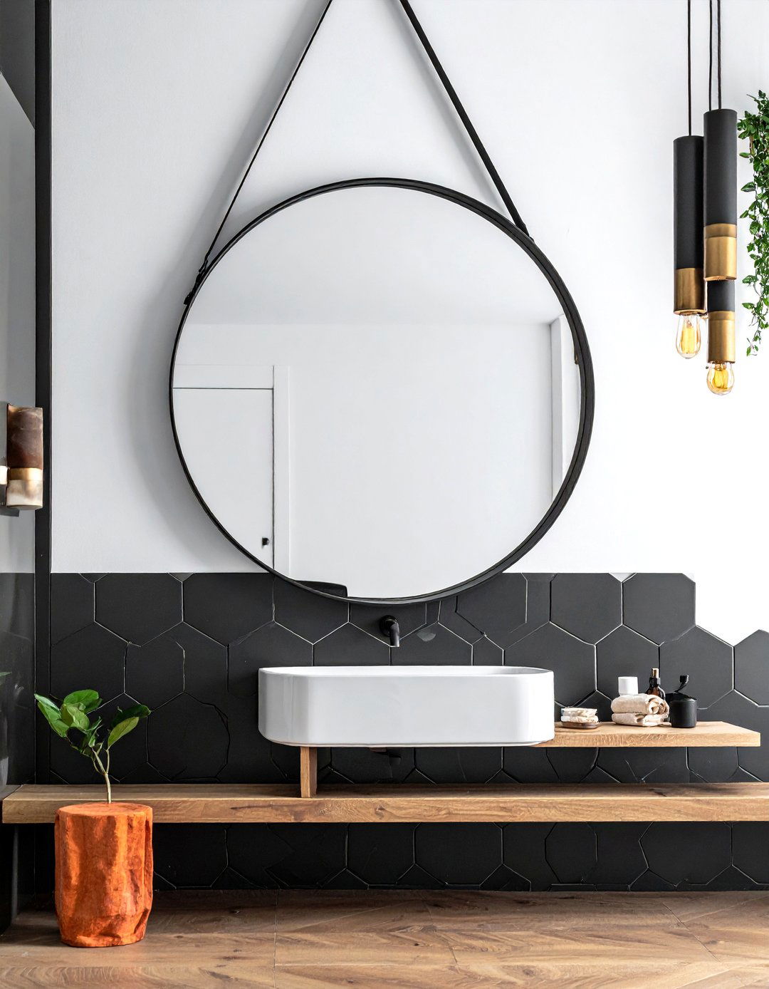 Black hexagon tile bathroom round mirror - 30 black hexagon tile bathroom ideas