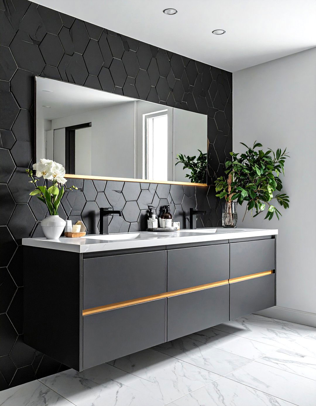 Black hexagon tile bathroom vanity backsplash - 30 black hexagon tile bathroom ideas