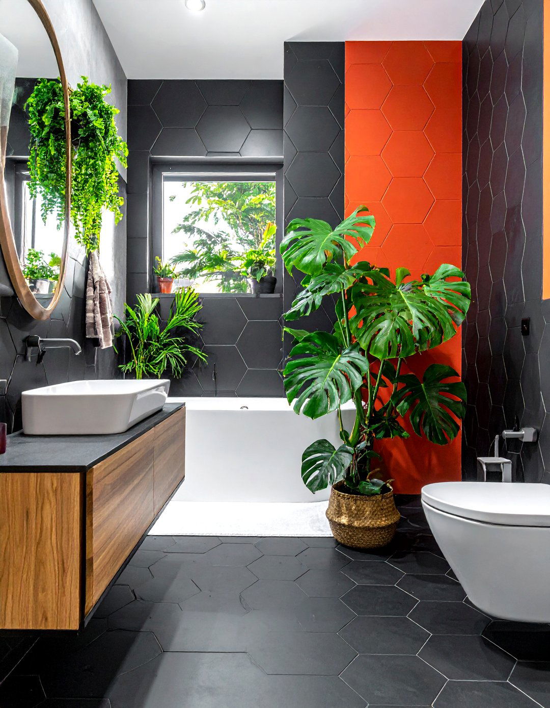 Black hexagon tile bathroom with plants - 30 black hexagon tile bathroom ideas