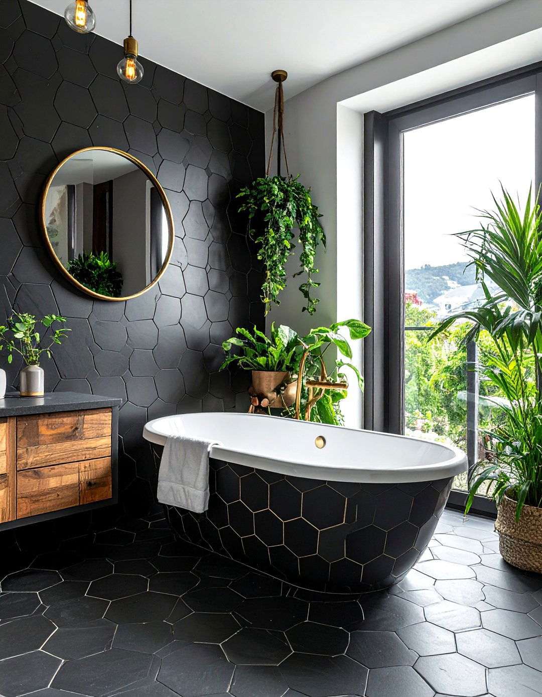 Black hexagon tile brass bathroom hardware - 30 black hexagon tile bathroom ideas