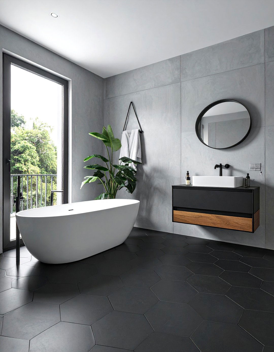 Black hexagon tile concrete bathroom walls - 30 black hexagon tile bathroom ideas