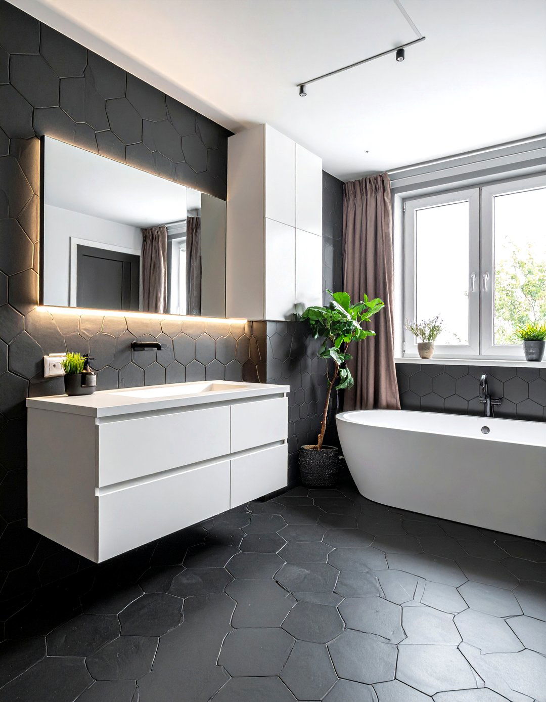 Black hexagon tile dark charcoal grout - 30 black hexagon tile bathroom ideas