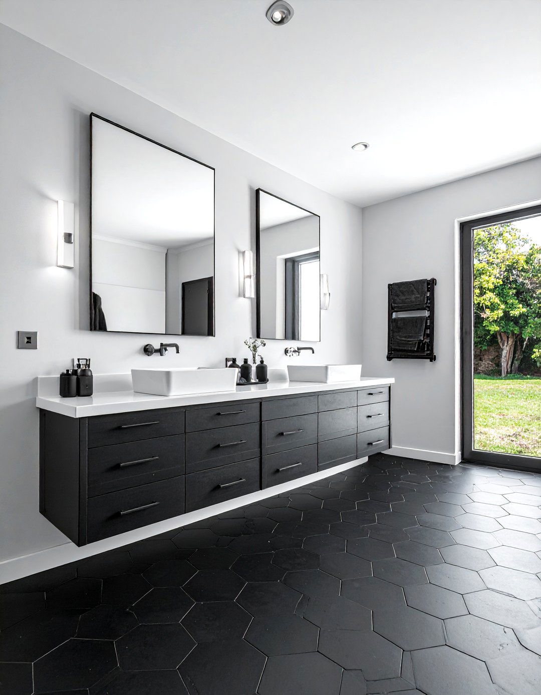 Black hexagon tile double sink vanity - 30 black hexagon tile bathroom ideas