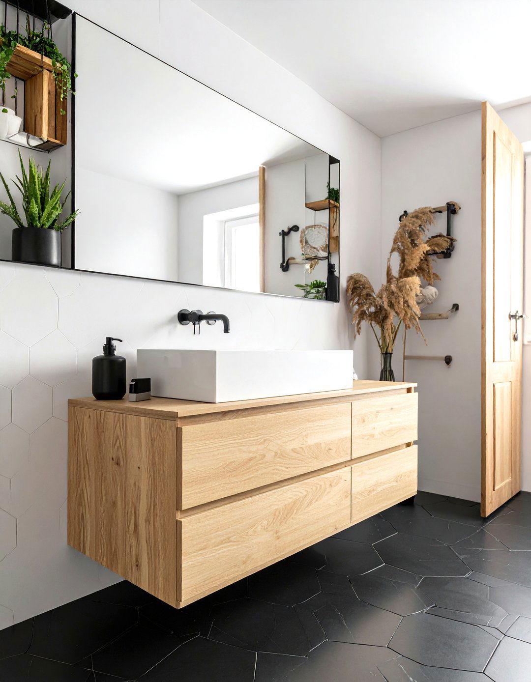 Black hexagon tile floating bathroom vanity - 30 black hexagon tile bathroom ideas