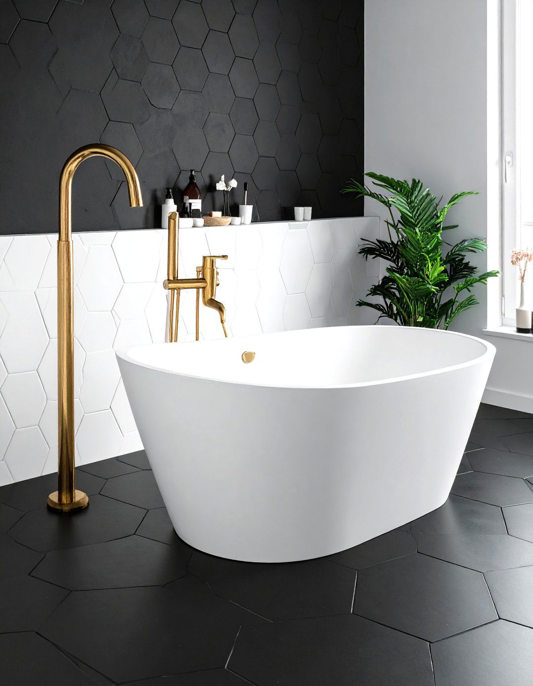Black hexagon tile freestanding soaking tub - 30 black hexagon tile bathroom ideas