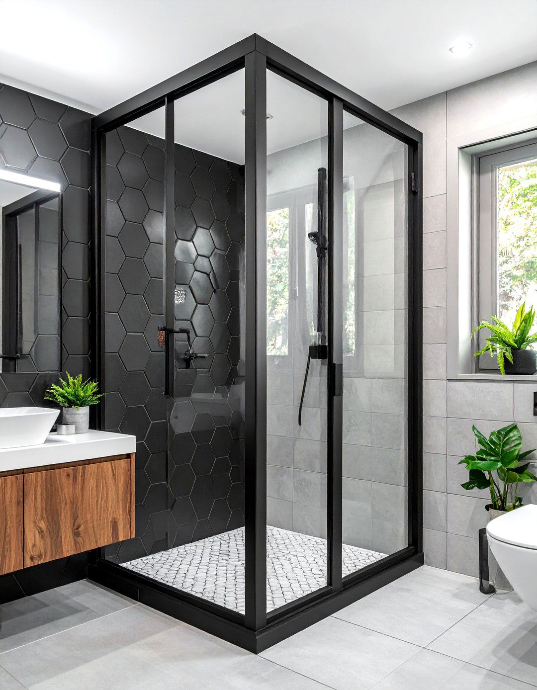 Black hexagon tile glass shower enclosure - 30 black hexagon tile bathroom ideas