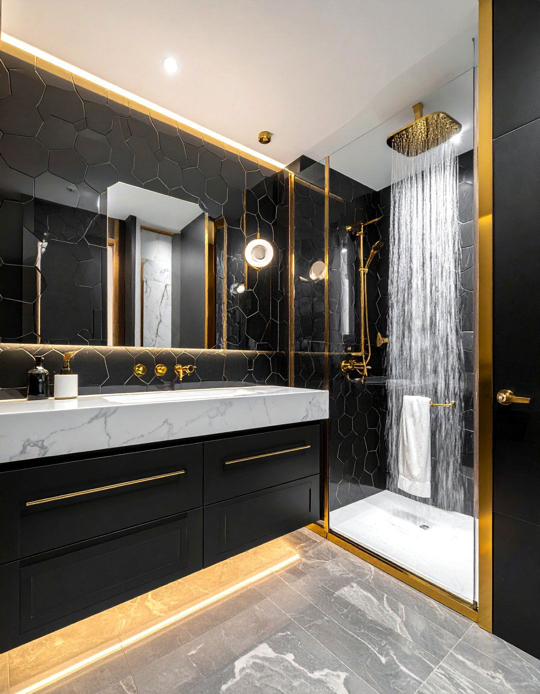 Black hexagon tile gold bathroom fixtures - 30 black hexagon tile bathroom ideas