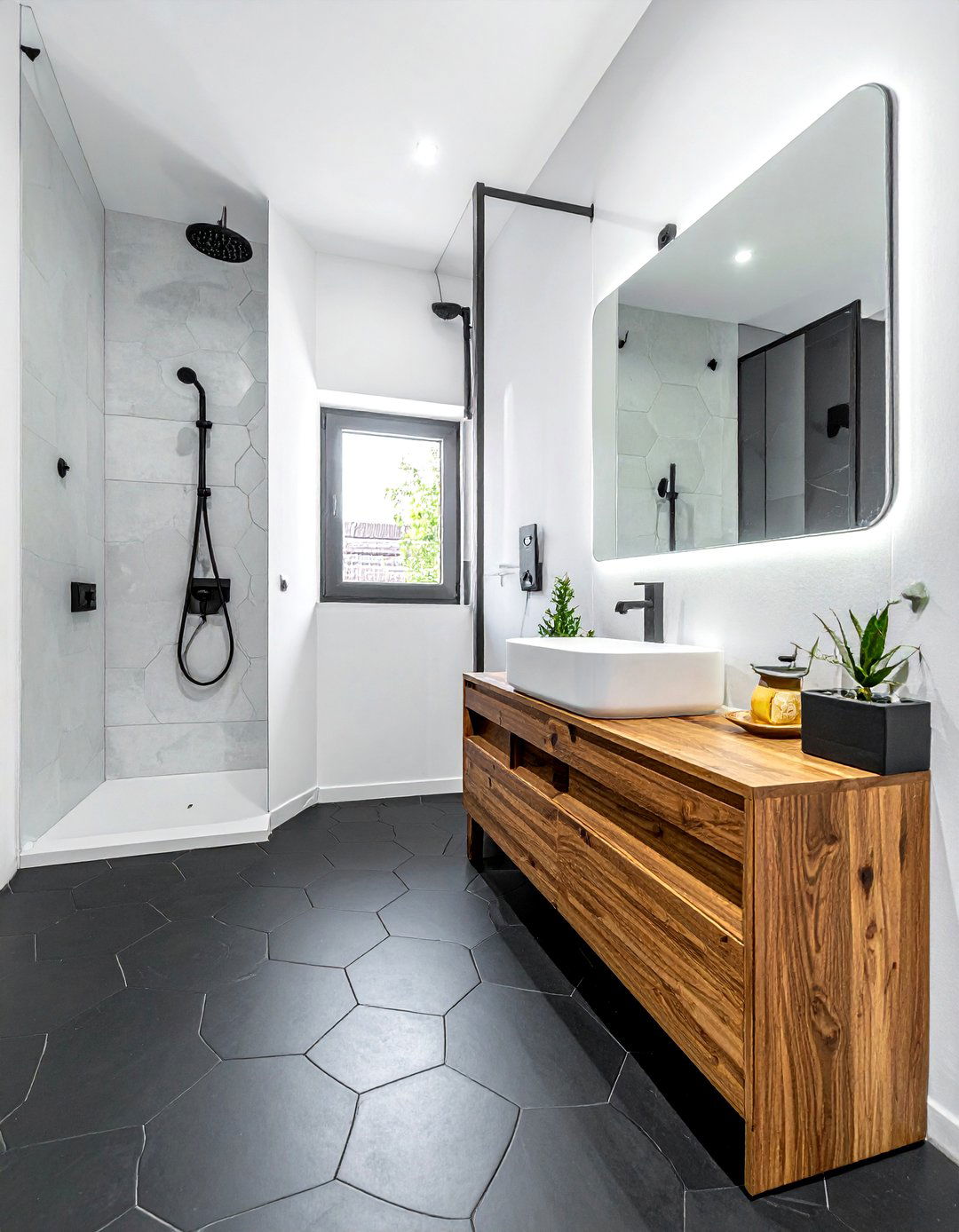 Black hexagon tile walk in wet room - 30 black hexagon tile bathroom ideas