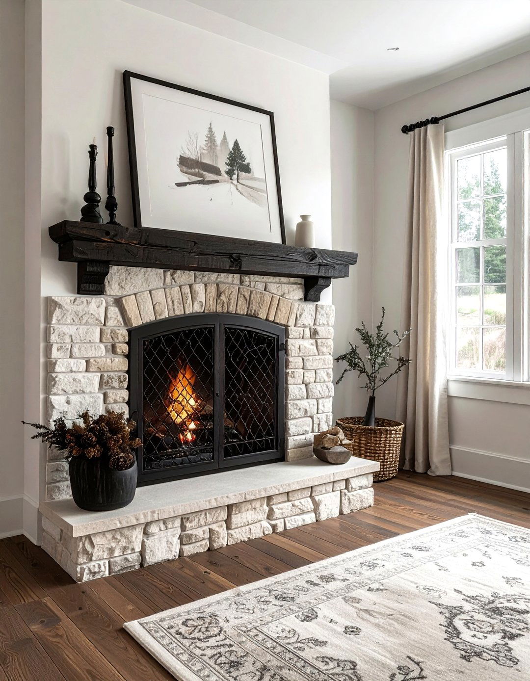 Black iron fireplace screen - 30 black living room accessories ideas