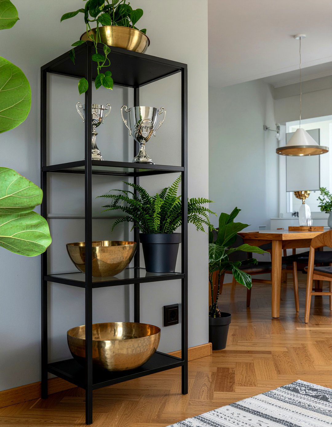 Black iron shelving - 30 mixed metal dining room ideas