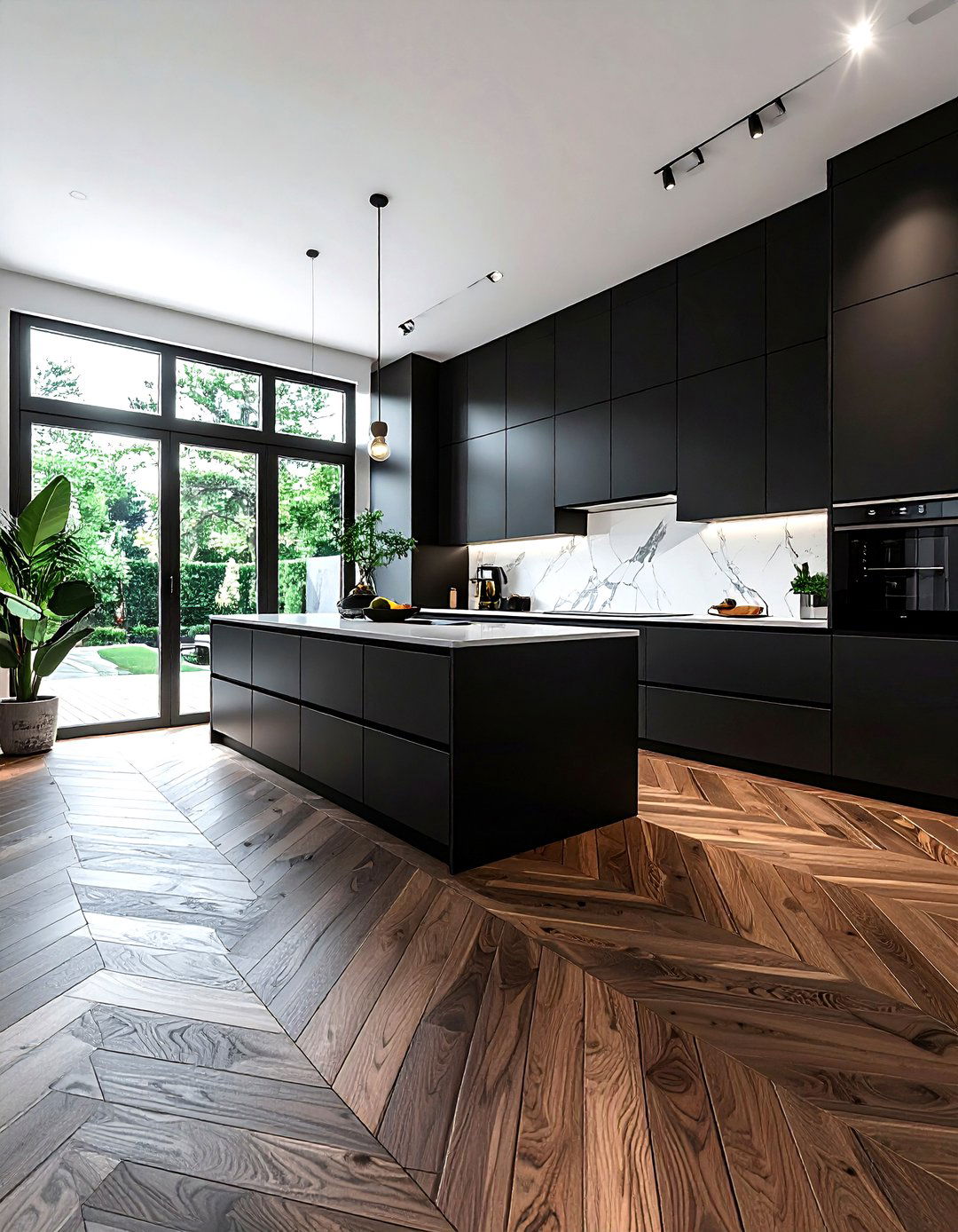 Black kitchen walnut herringbone floor - 30 herringbone floor kitchen ideas