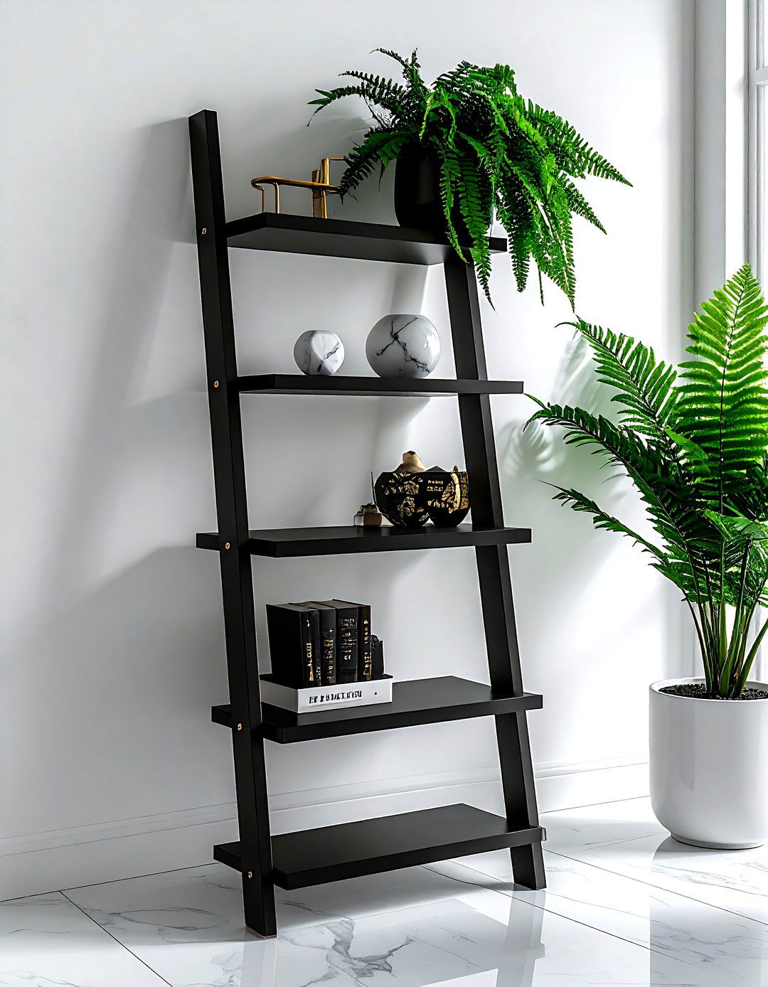 Black ladder shelf - 30 living room ladder shelf ideas