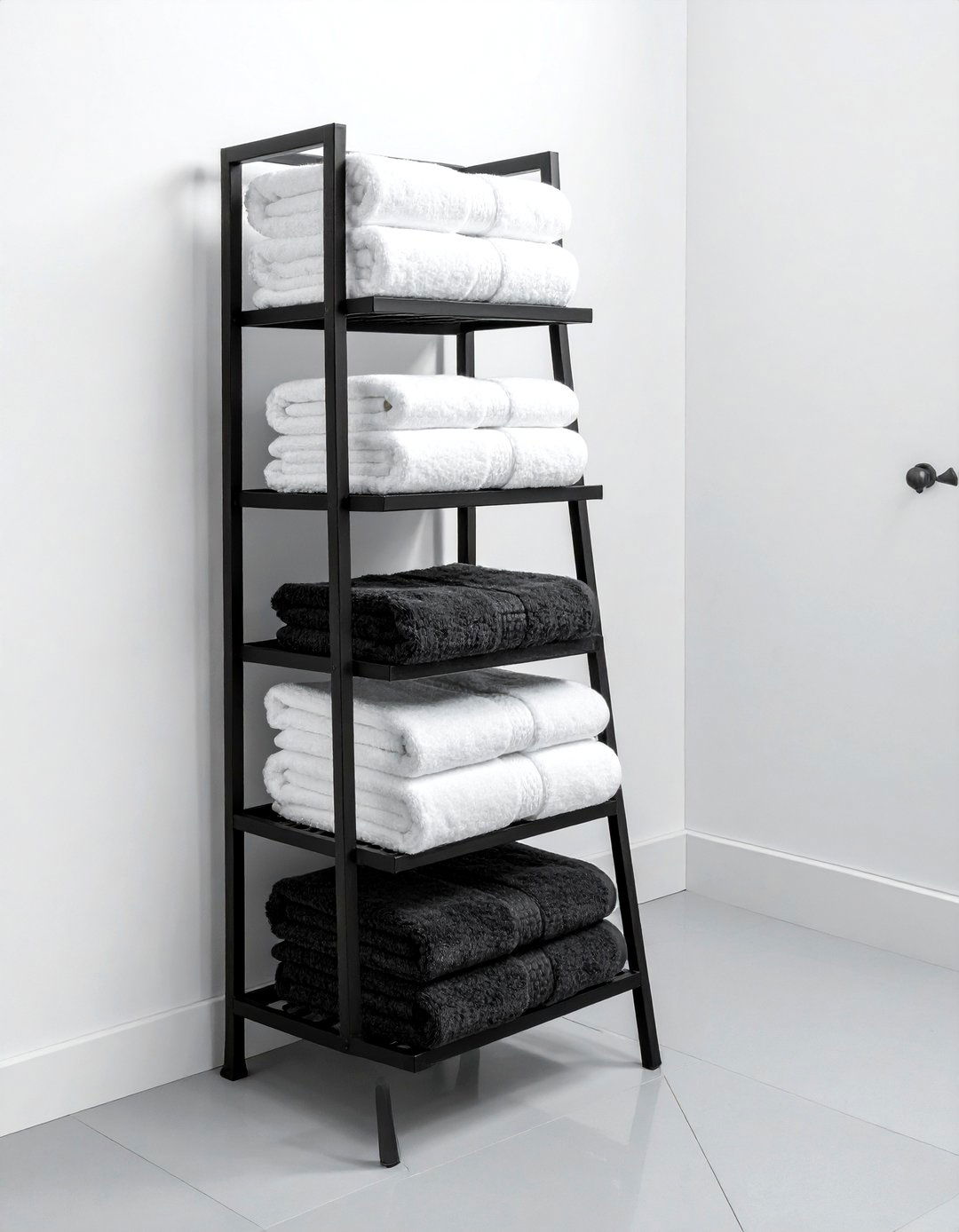 Black ladder towel rack - 30 black bathroom accessories ideas