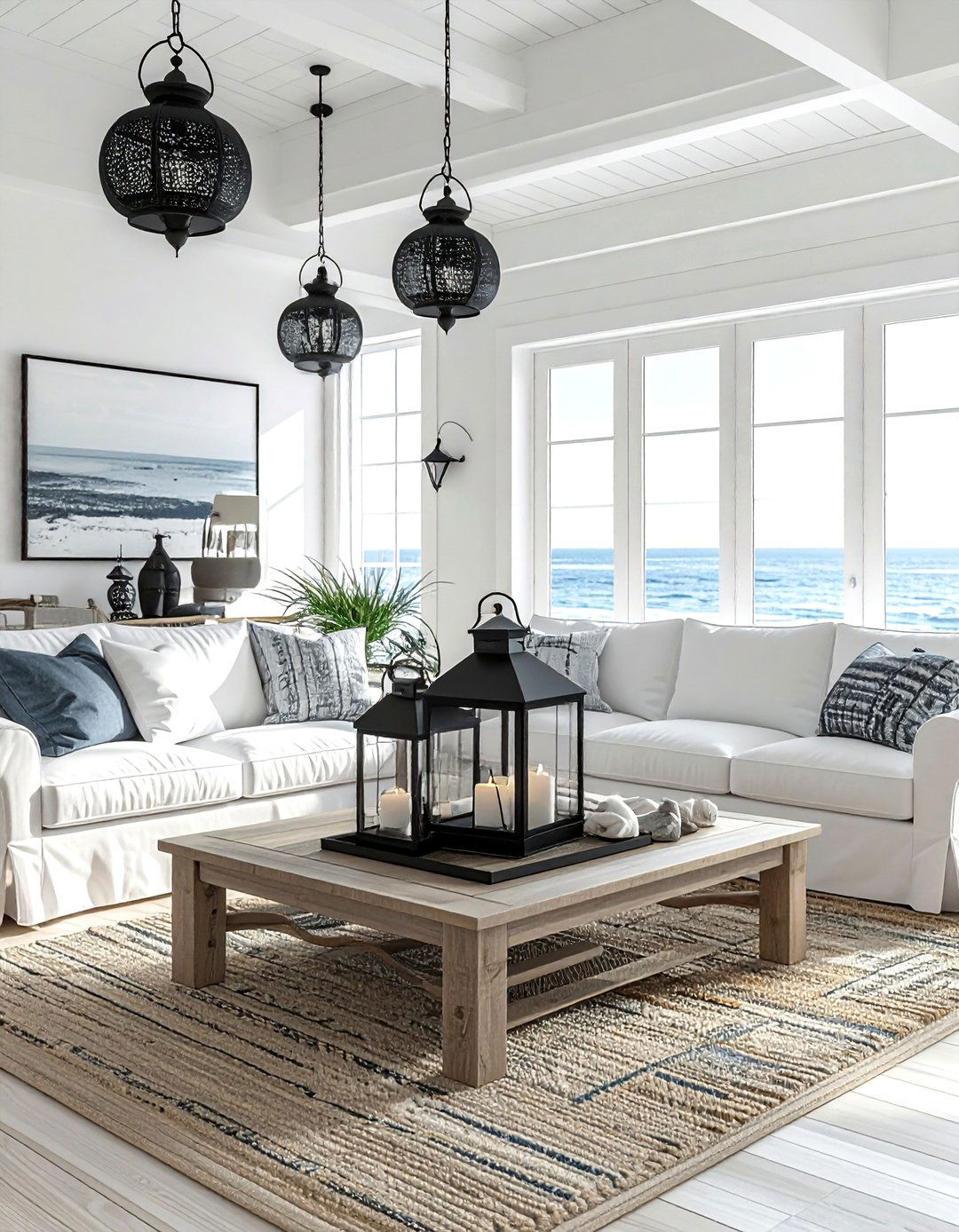Black lantern coastal living room - 30 coastal black living room ideas