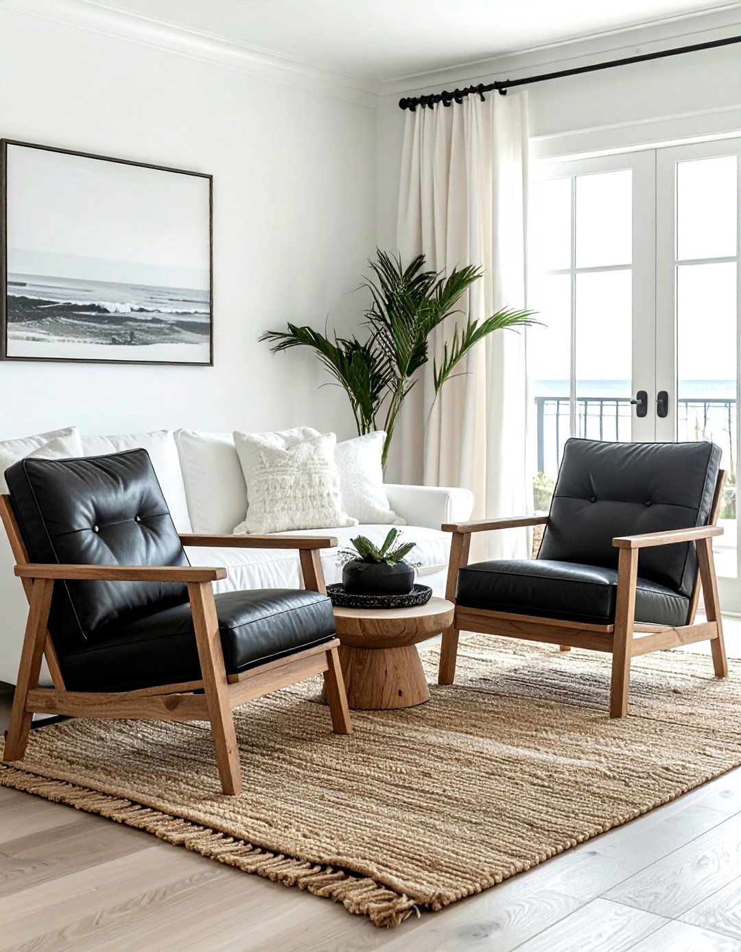 Black leather chairs coastal living room - 30 coastal black living room ideas