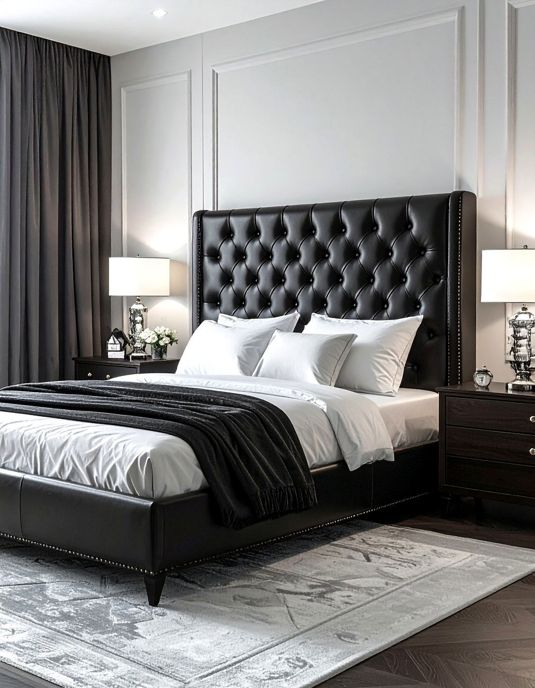 Black leather headboard - 30 black bedroom ideas
