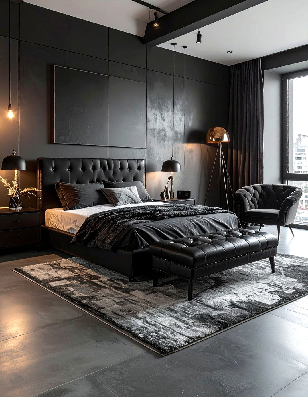 Black leather ottoman decor - 30 black bedroom furniture ideas
